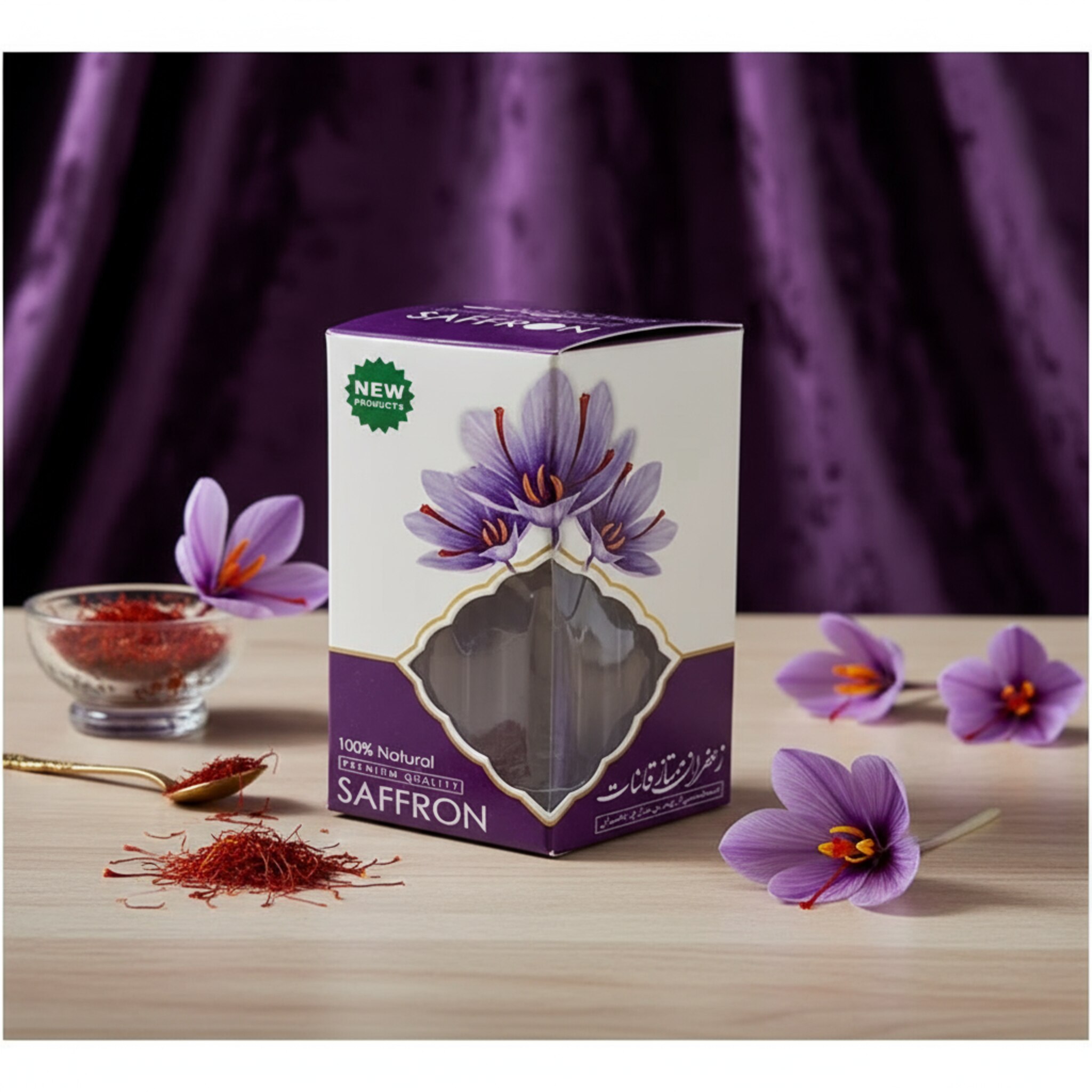 ظرف زعفران طرح گوهر با باکس بنفش (نیم مثقال)
