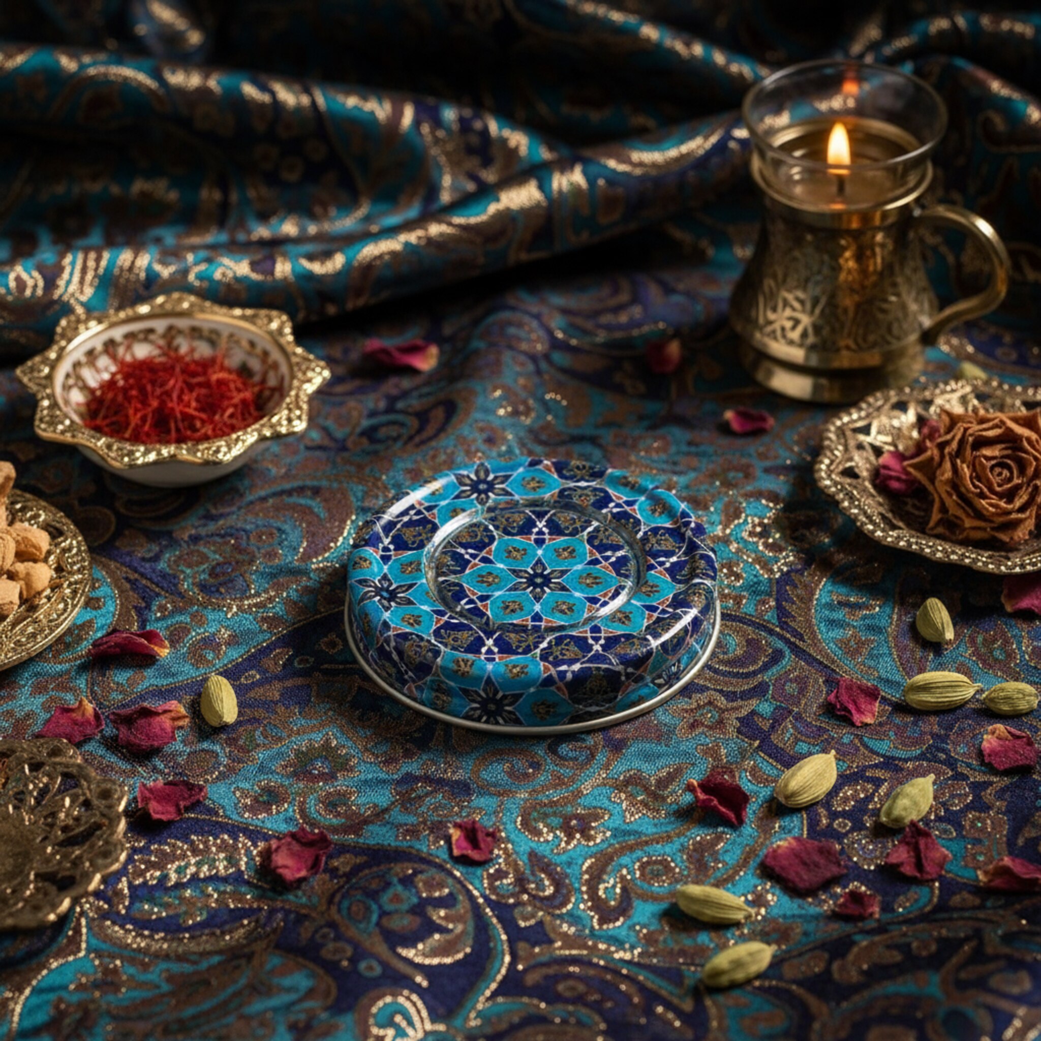 قوطی فلزی زعفران طرح فیروزه ای دو طرفه