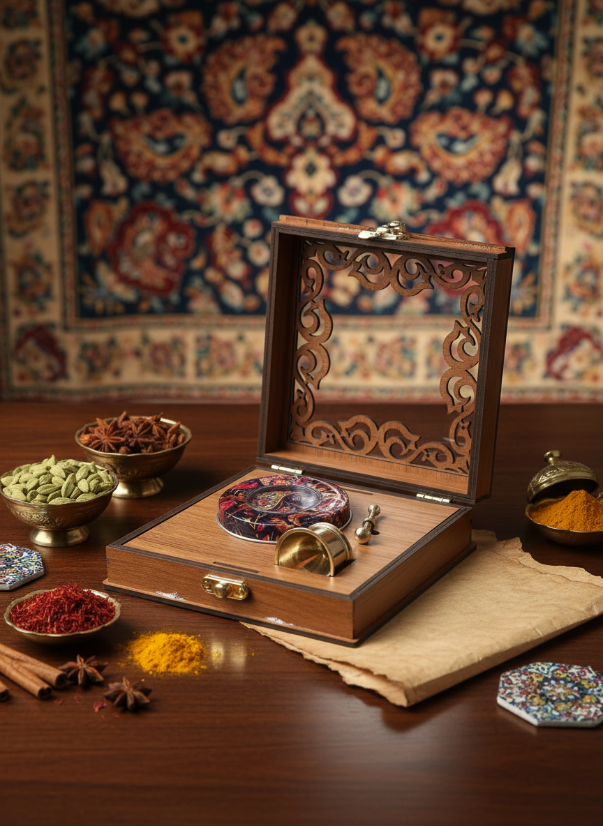 جعبه هدیه زعفران با ظرف فلزی زعفران طرح ترنج و هاونگ