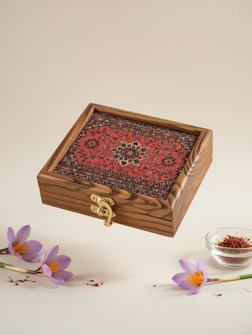 جعبه چوبی زعفران با ظرف فلزی 5گرم و هاون برنجی