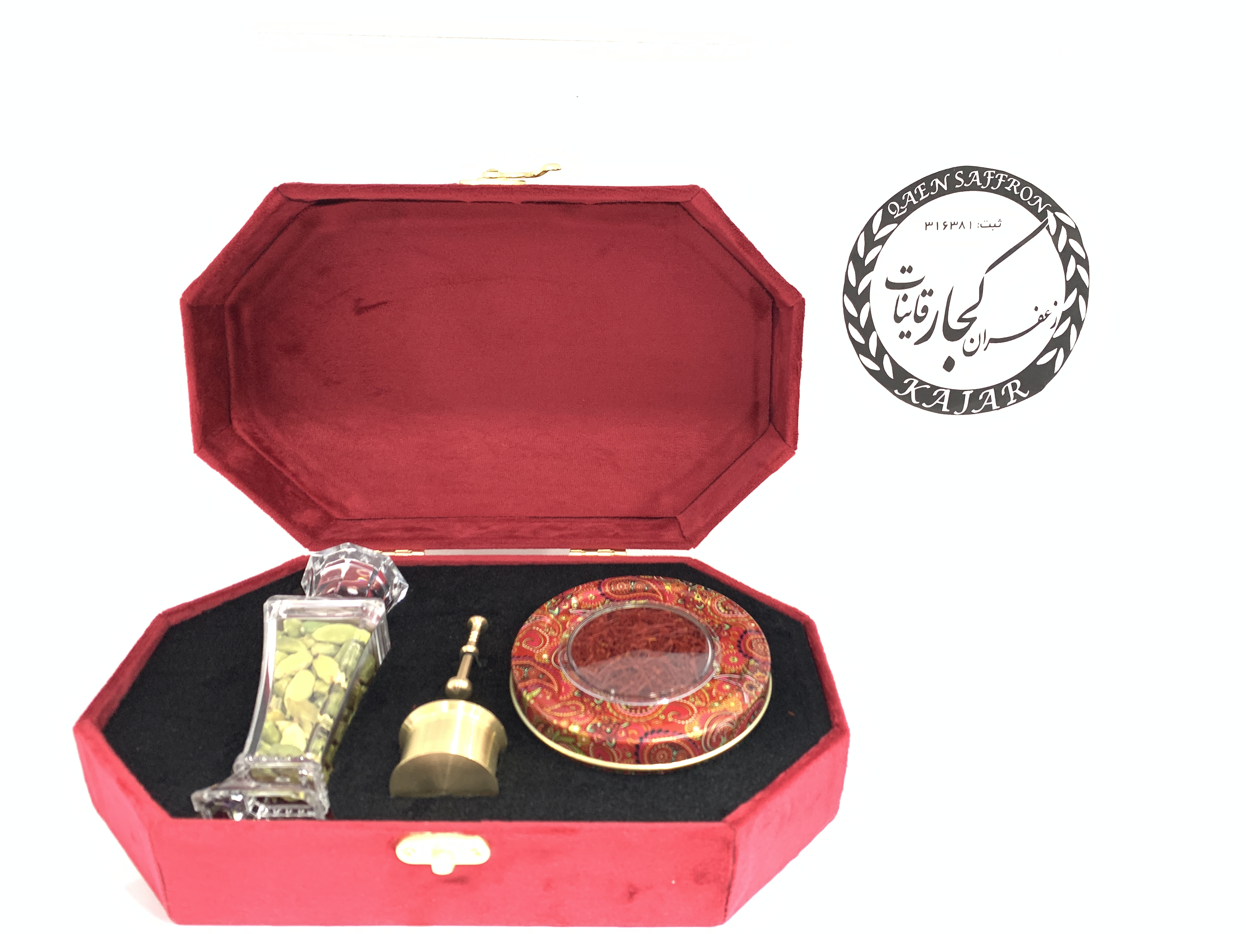پک هدیه مخمل هشت ضلعی با یک مثقال زعفران و 10گرم هل
