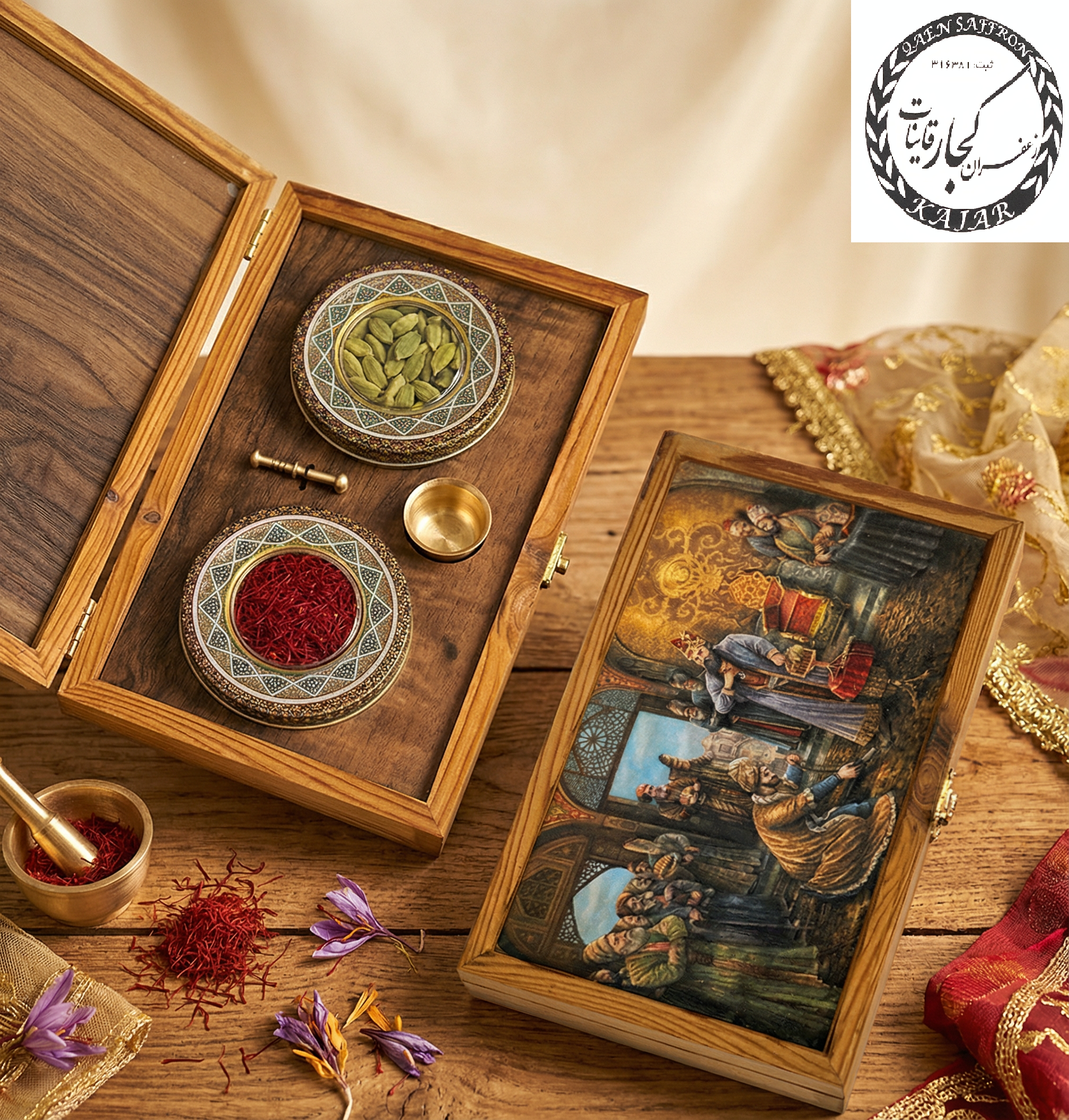 پک هدیه چوبی طرح فرش با یک مثقال زعفران  و 10گرم هل